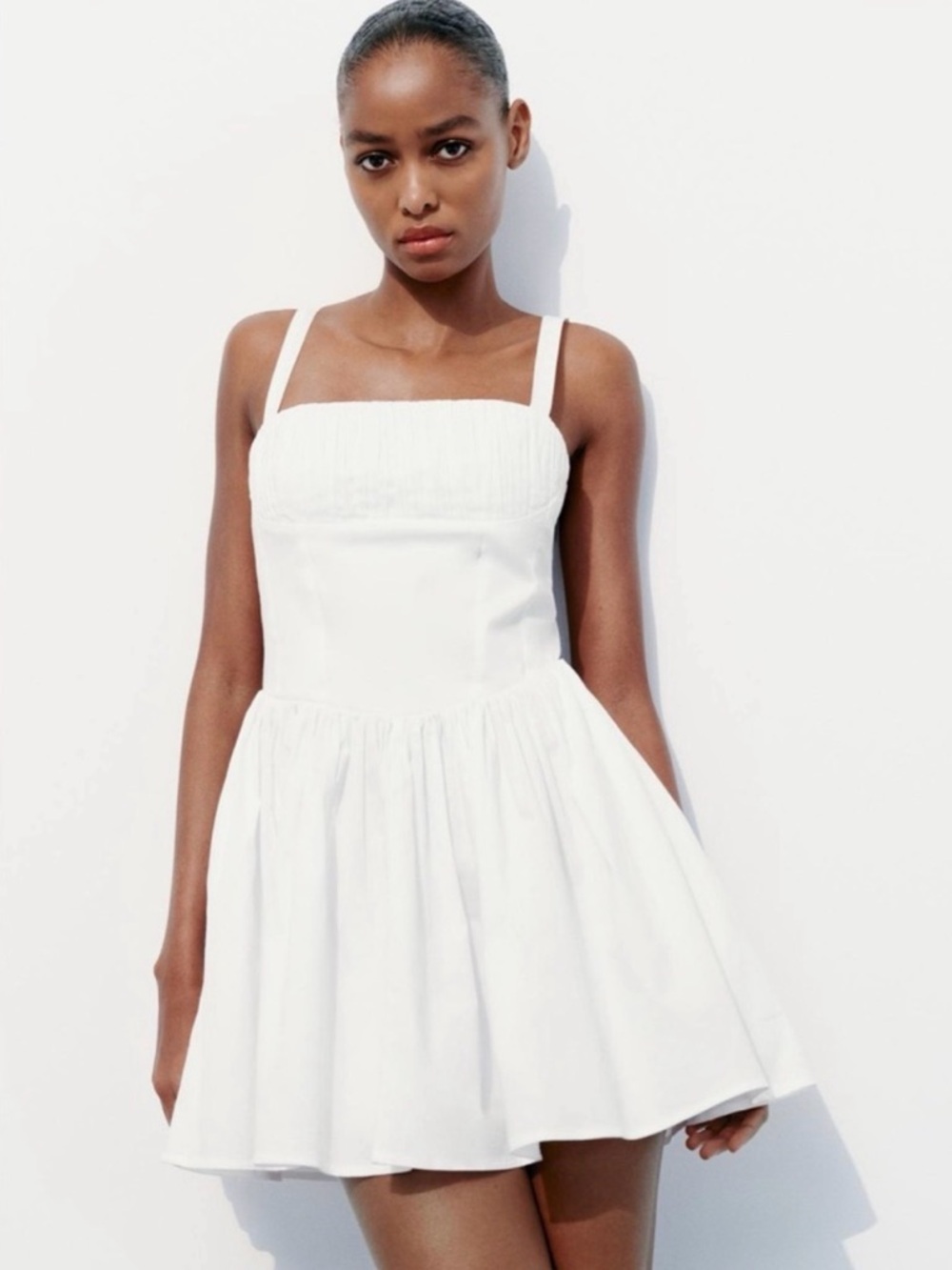 Zara White Square-Neck Smocked Milkmaid Summer Bustier Mini Dress